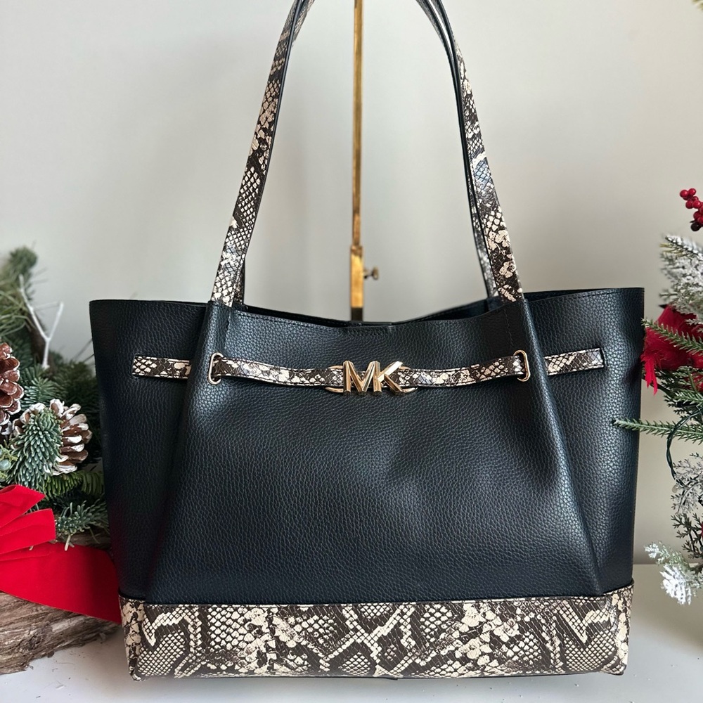 NWT Michael Kors Reed Large Belted Snakeskin Pebbled Leather Tote Black Natural